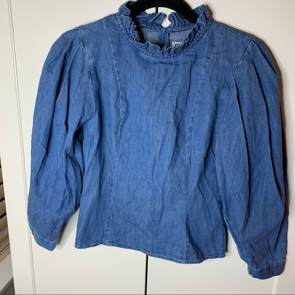 Zara High-Neck Ruffle Denim 3/4 Sleeve Puffy Top - Picture 1 of 14